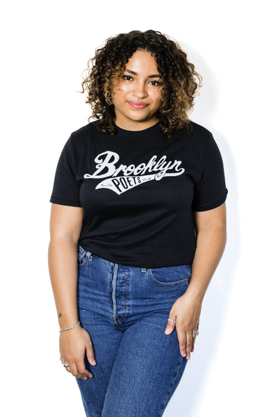 Front of Black female model wearing a Brooklyn Poets baseball tee
