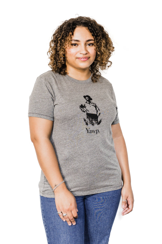 Front of Black female model wearing a heather grey unisex Yawp tee