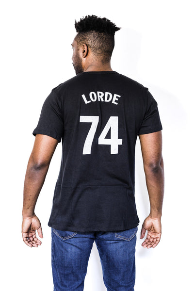 Back of Black male model wearing Audre Lorde #74 black unisex baseball tee