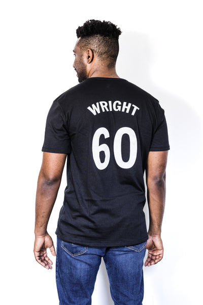 Back of Black male model wearing a Richard Wright #60 black unisex tee