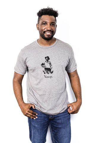 Front of Black male model wearing a heather grey unisex Yawp tee